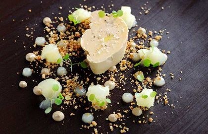 Confited foie gras, Bramley apple compote and walnut crunch