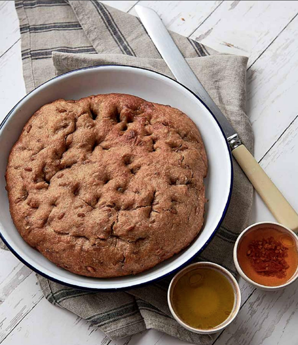 Cooked spelt grain-studded focaccia