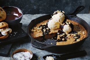 Cookie pie with ice cream and warm choc fudge sauce