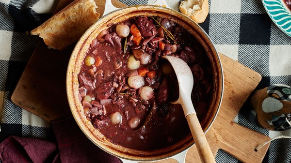 Coq au vin with cocoa powder