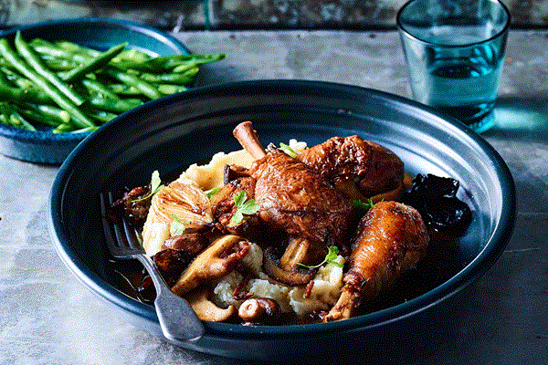 Coq au vin with mushrooms