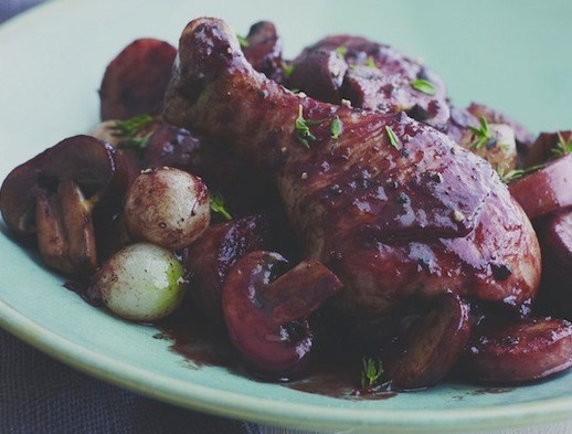 Coq au vin with veal sausage, thyme, and merlot from 'Joy Of Kosher' (Cook the Book)
