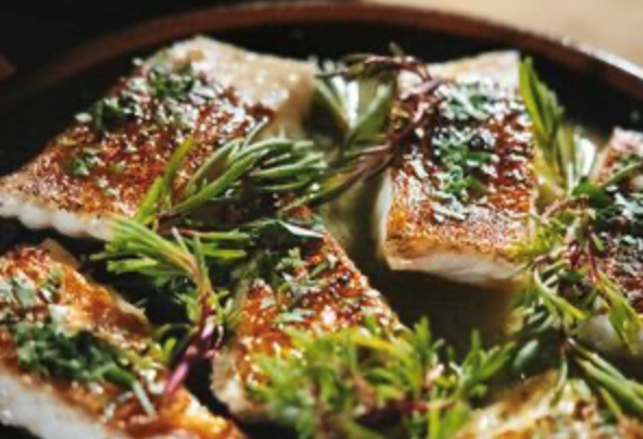 Coral trout and sea herbs with garlic and olive oil sauce