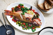 Coral trout with lemon ouzo, capers and tomatoes