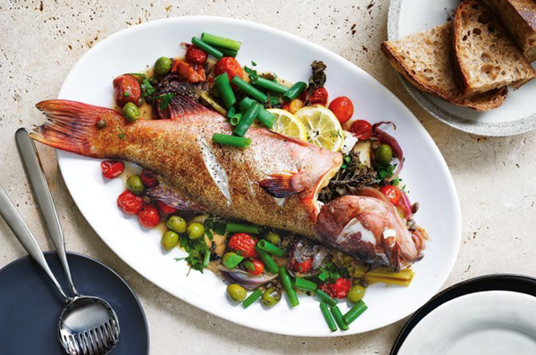Coral trout with lemon ouzo, capers and tomatoes