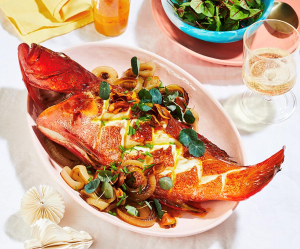 Coral trout with saffron and sherry-roasted onions