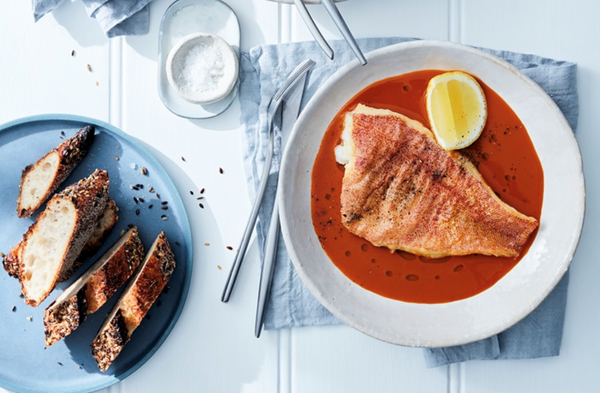 Coral trout with tomato and seaweed sauce