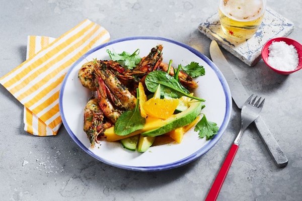 Coriander & jalapeño prawns with citrus salad  [Evan White]