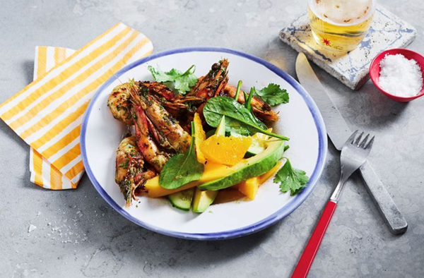 Coriander and jalapeño prawns with citrus salad