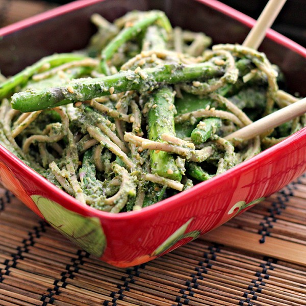 Coriander and nori pesto soba with wok seared greens