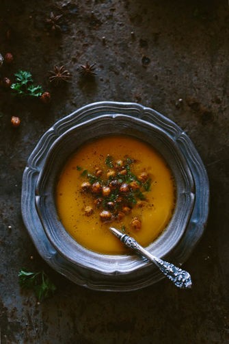 Coriander and sweet potato soup with spicy chickpea croutons