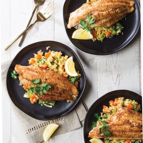 Coriander catfish and vegetable brown rice