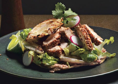 Coriander chicken tostadas with refried beans and grilled fennel