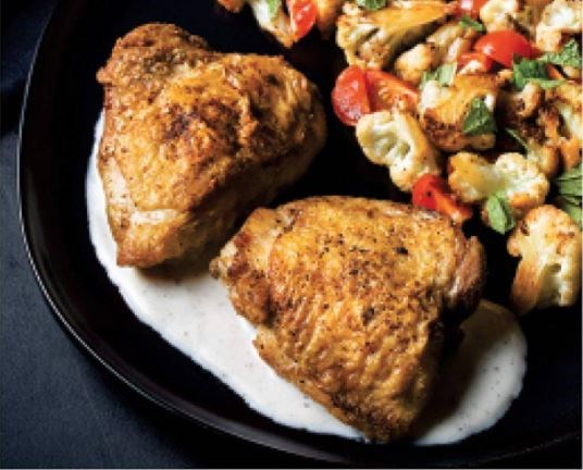 Coriander chicken with cauliflower and yogurt sauce