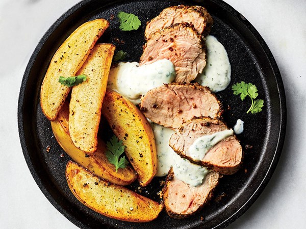 Coriander-crusted pork tenderloin with roasted potatoes