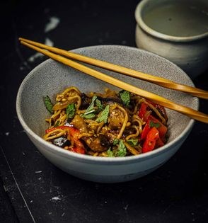 Coriander, cumin & eggplant noodles