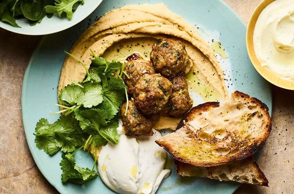 Coriander pork meatballs with chickpea purée & labneh