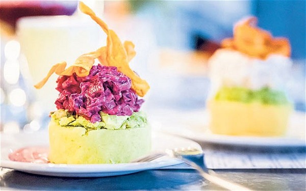 Coriander potato cake with beetroot & avocado (Causa Santa Rosa)