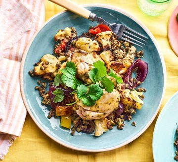 Coriander roast chicken thighs with Puy lentil salad