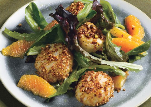 Coriander scallops with orange-ginger dressing