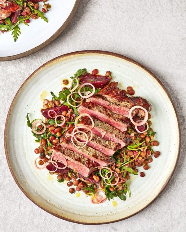 Coriander seed sirloin with lentils, beetroot and pickled shallots 