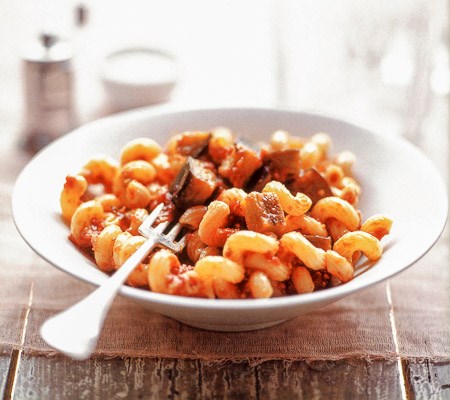 Corkscrew pasta with eggplant, tomatoes, and anchovies