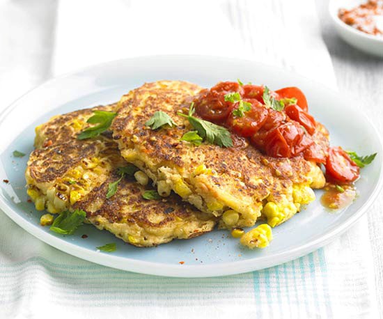 Corn & bean fritters with tomatoes