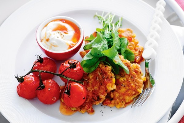 Corn & ham fritters with roasted cherry tomatoes