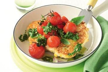 Corn & ricotta cakes with grilled tomatoes