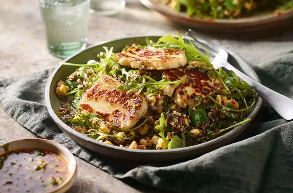 Corn & sugar snap quinoa salad with honey and lime halloumi