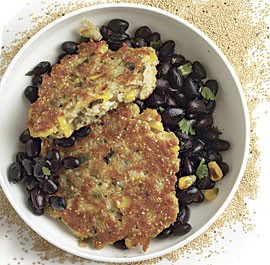Corn and amaranth griddlecakes with spicy black beans