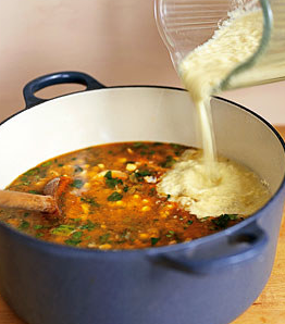 Corn and crab soup with crispy tortilla strips