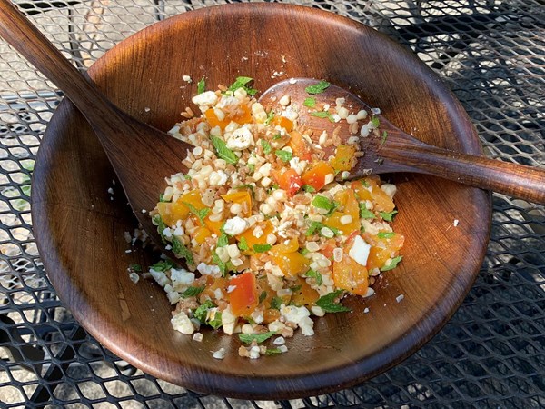 Corn and farro salad with tomatoes, feta, and mint
