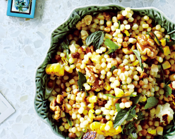 Corn and fregola with grilled halloumi cheese