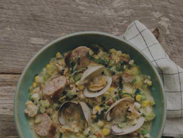 Corn and littleneck chowder with basil, sausage and Parmigiano