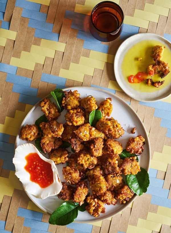 Corn and peanut fritters with chilli dipping sauce
