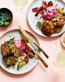 Corn and quinoa fritters with crispy bacon and beet yogurt