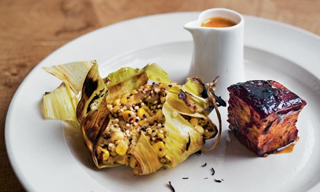 Corn and quinoa tamale, salsa and glazed pork belly