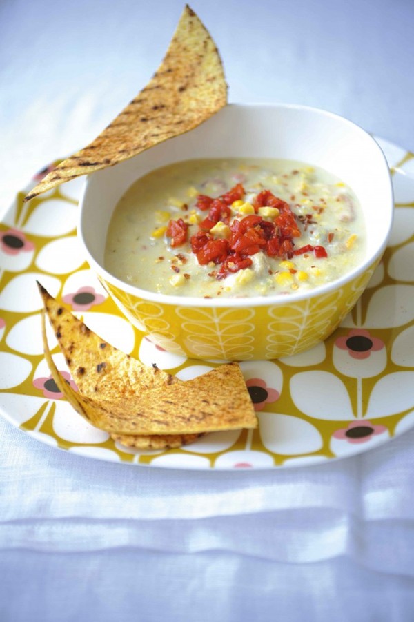 Corn and seafood chowder with chilli tortilla crisps