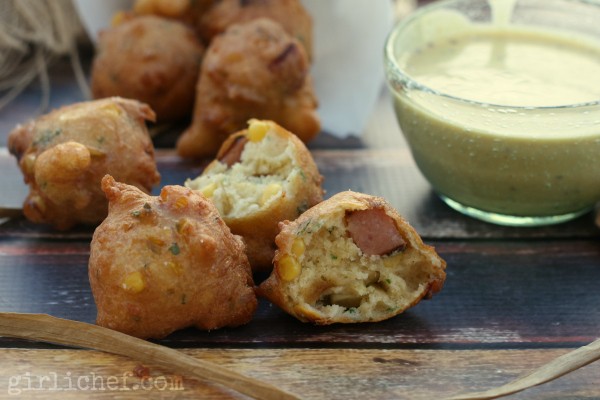 Corn and smoked sausage fritters with mustard-beer dipping sauce