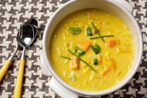 Corn and sweet-potato chowder with saffron cream
