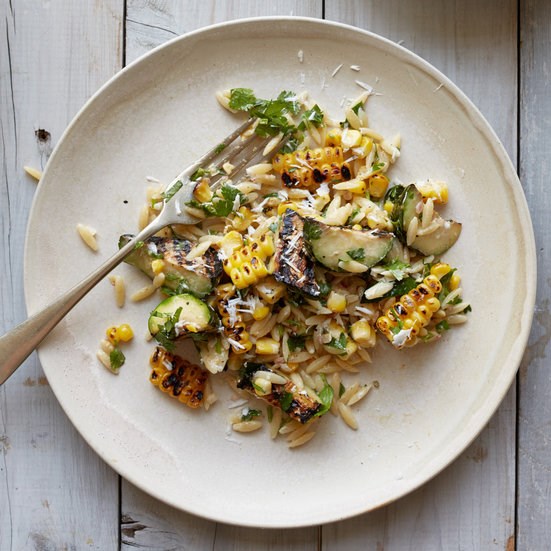 Corn-and-zucchini orzo salad with goat cheese