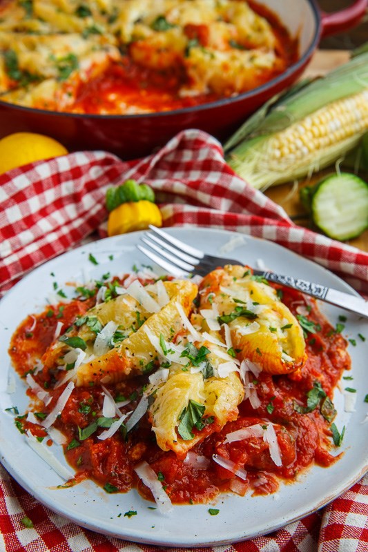 Corn and zucchini ricotta stuffed shells
