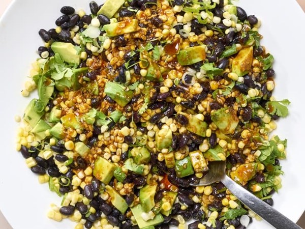 Corn, avocado, and black bean salad with harissa vinaigrette