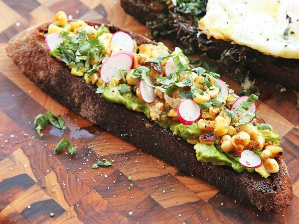 Corn, avocado, and radish tartine
