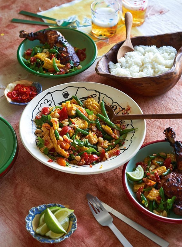 Corn, bean and macadamia som tam with barbecued chicken