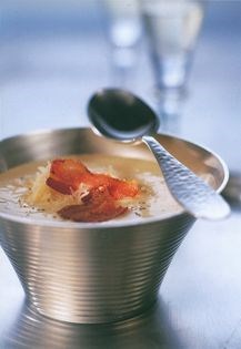 Corn bisque with cheese and smoked bacon