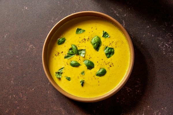 Corn bisque with yogurt and saffron