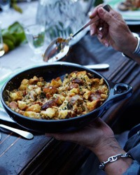 Corn bread stuffing with bacon and greens