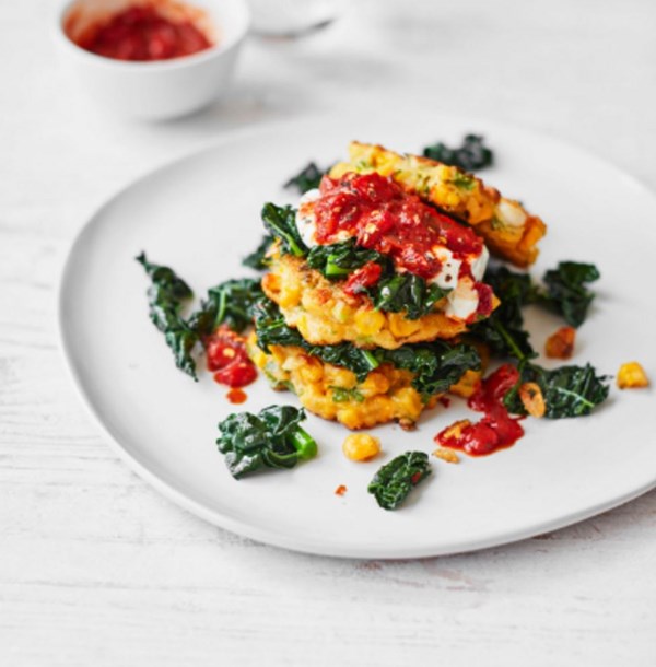 Corn cakes with garlic kale